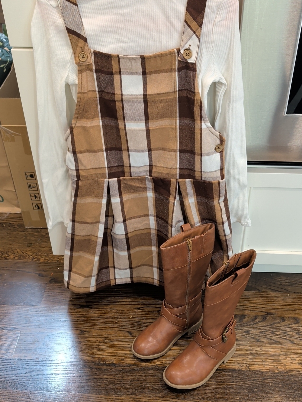 Girls Brown Plaid Pinafore Dress with White Top